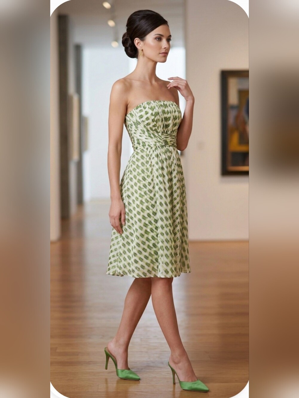 SUZI CHIN Strapless Corset Green and White Silk Dress Ruched Size M 10